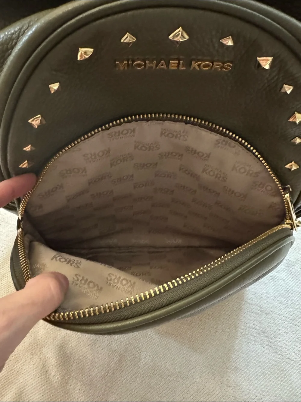 Michael Kors Olive Green Pebbled Leather Backpack with Gold Studs